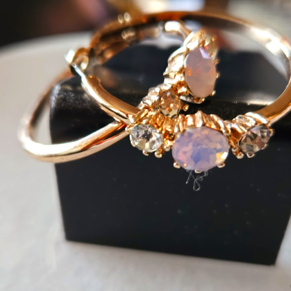 Elegant Gold Tone W/ Blush Pink & Clear Rhinestone Pierced Hoop Earrings
